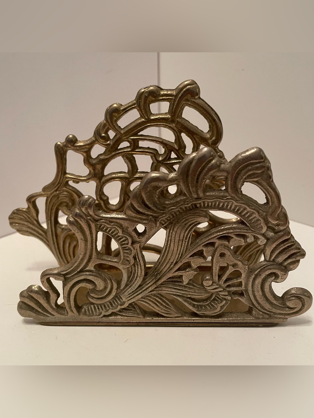 Vntg 1983 Teleflora Ornate Solid Brass Napkin Holder Mail Organizer Art Nouveau